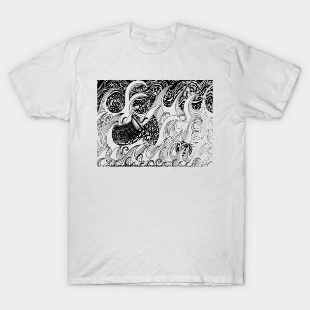 Boat In The Night / Psychedelic Abstract Stormy Sea T-Shirt by Graograman